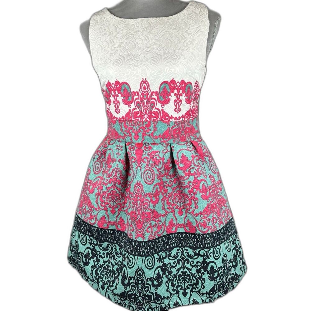 Oasap Sleeveless Dress White Pink Teal Sz Small Floral Damask Ornamental Print